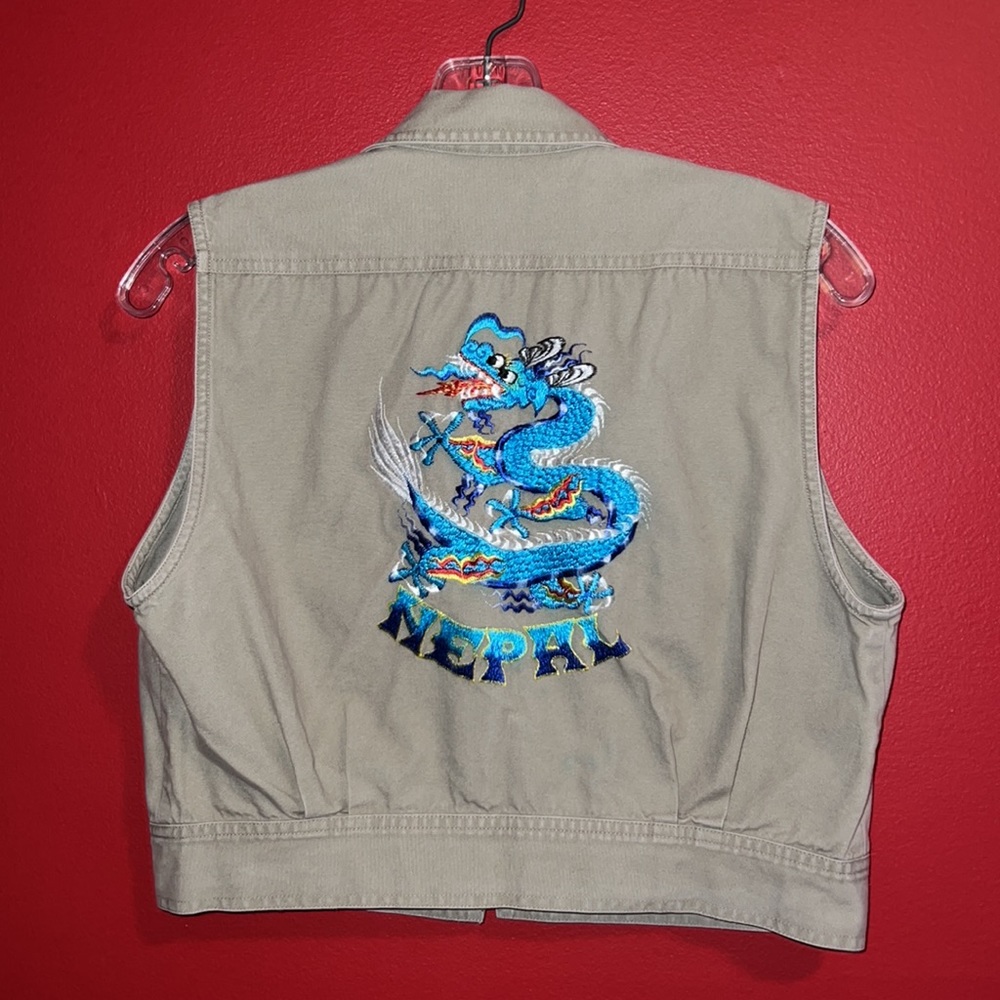 REI Dragon Embroidered Khaki Canvas Vest